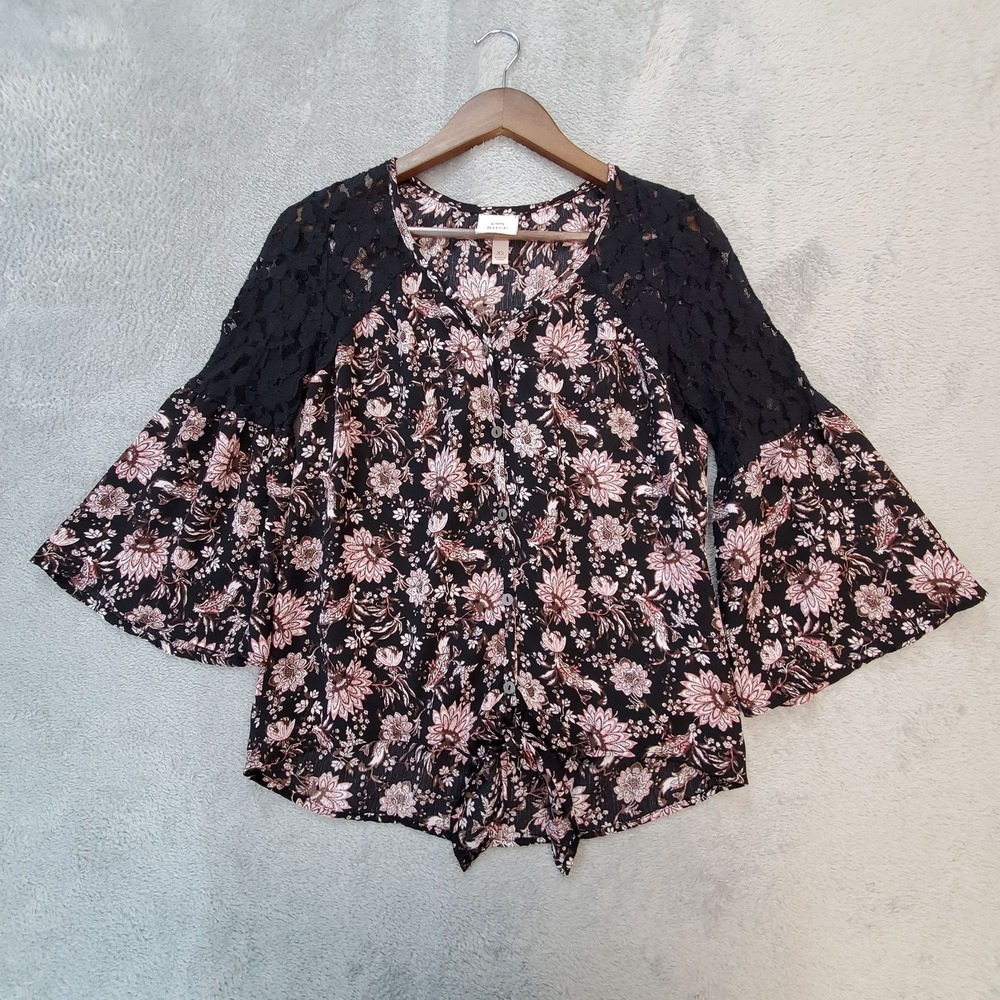 Knox Rose Floral‎ Boho Peasant Blouse XS Black Pink Bell Sleeve Top - Picture 4 of 9